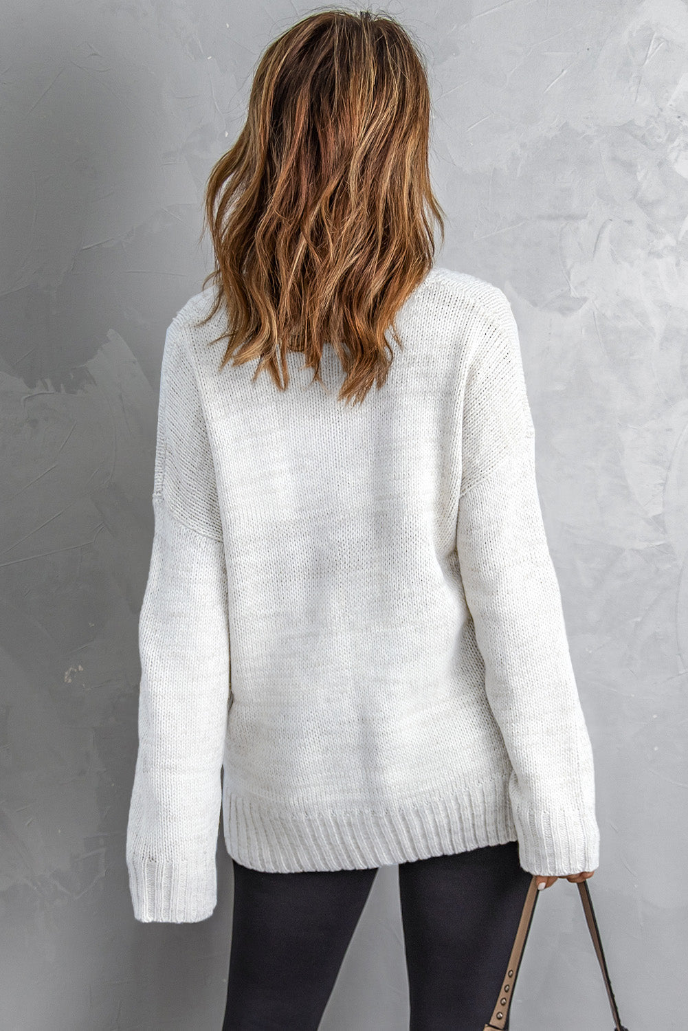 White V neck Drop Shoulder Knitted Sweater - eAura