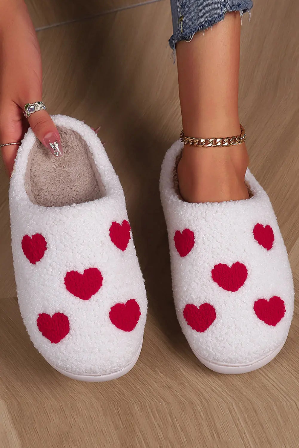 White Valentines Day Hearts Print Plush House Slippers Beagle Boutique Fashion Outlet