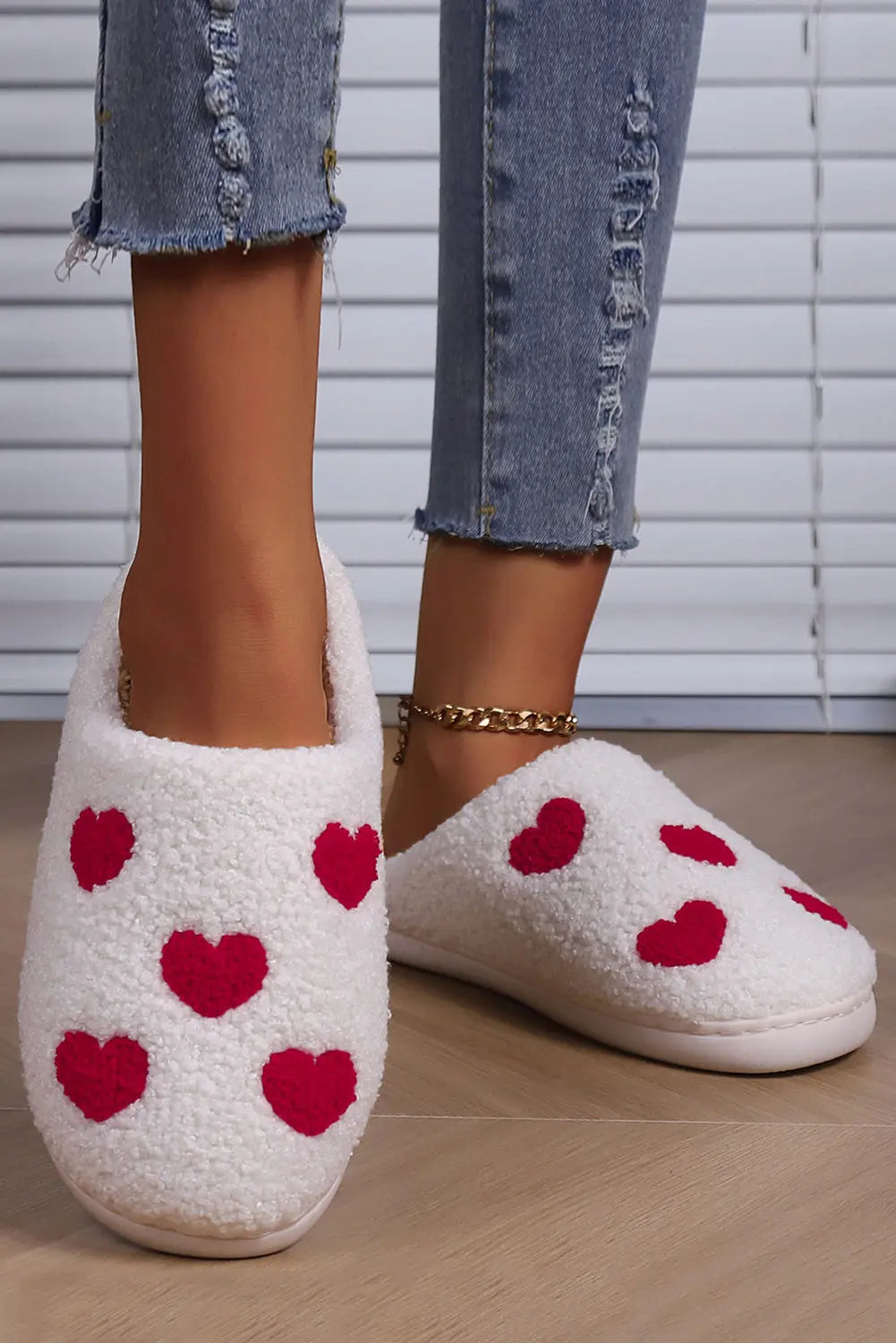 White Valentines Day Hearts Print Plush House Slippers Beagle Boutique Fashion Outlet