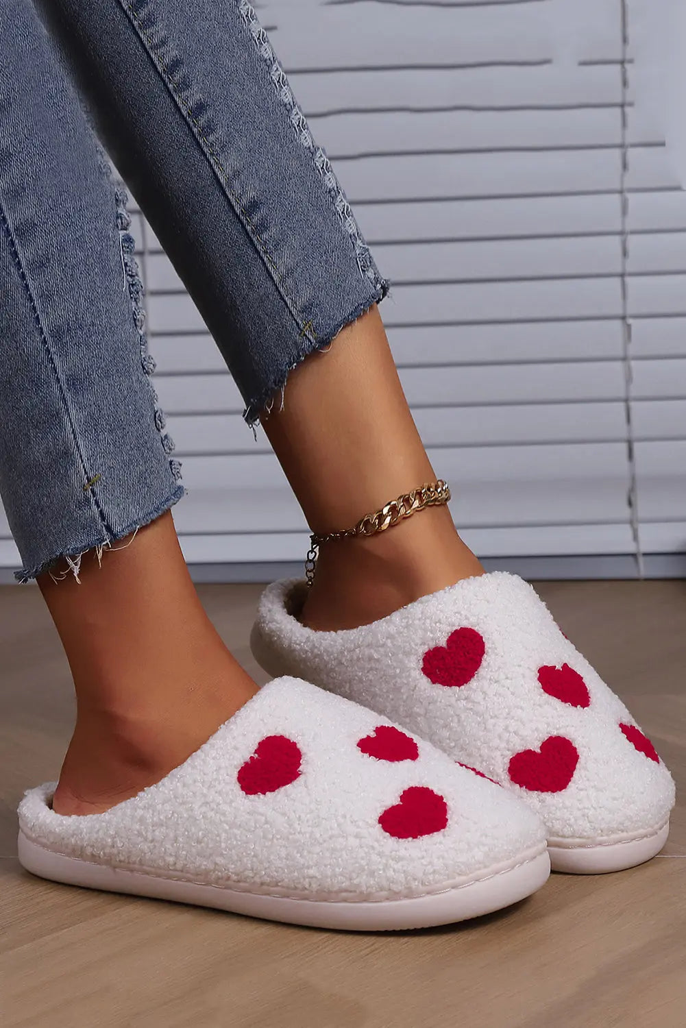 White Valentines Day Hearts Print Plush House Slippers Beagle Boutique Fashion Outlet