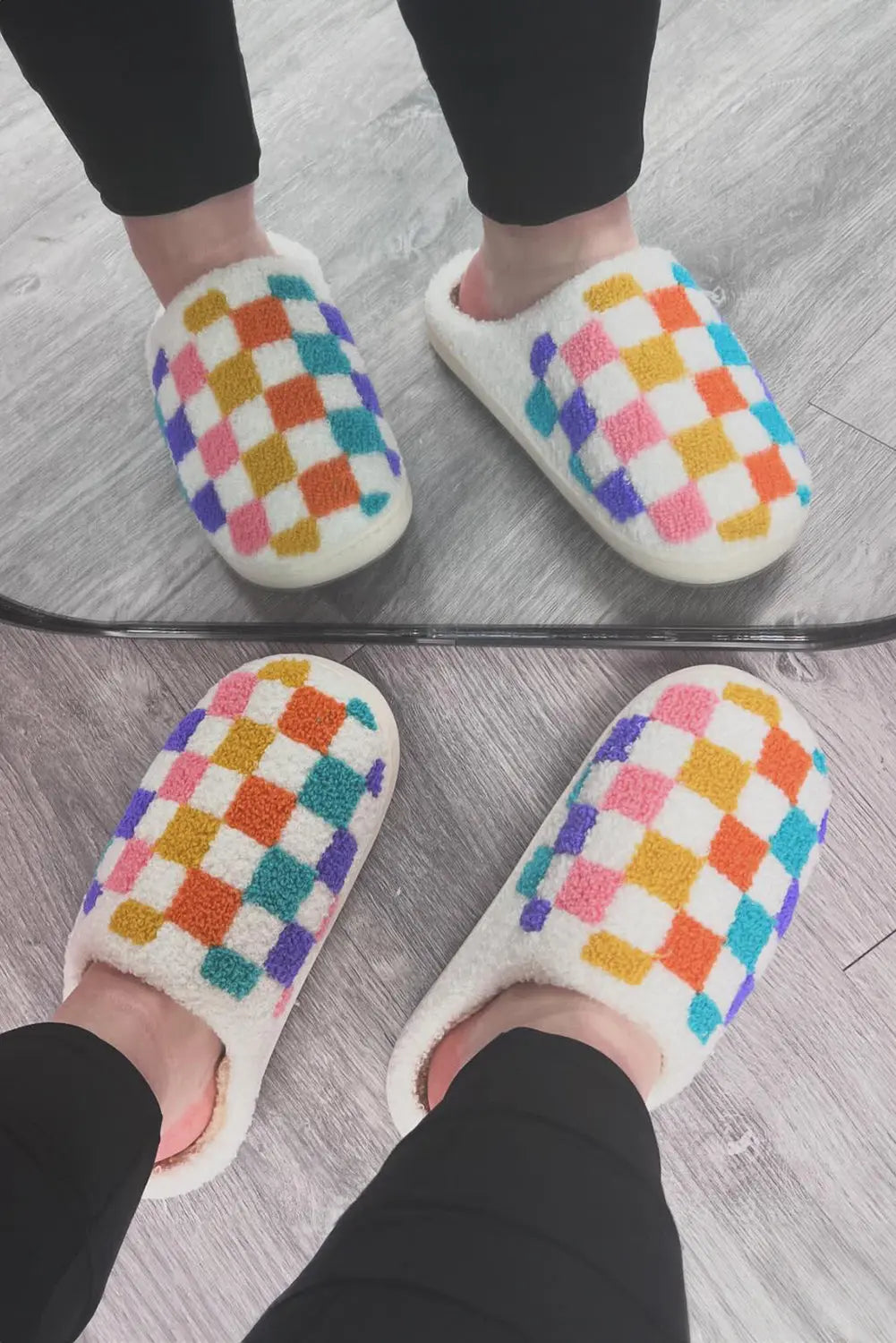 White Vibrant Checkered Plush Thermal Slippers Beagle Boutique Fashion Outlet