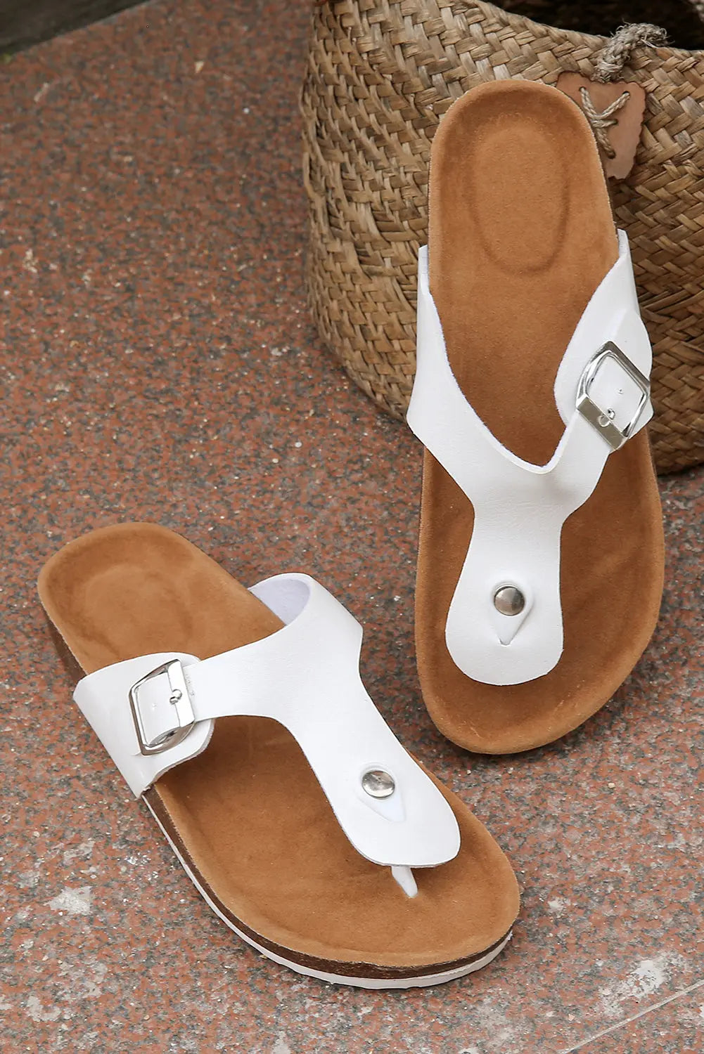 White Vintage Buckle PU Leather Thong Sandals Beagle Boutique Fashion Outlet