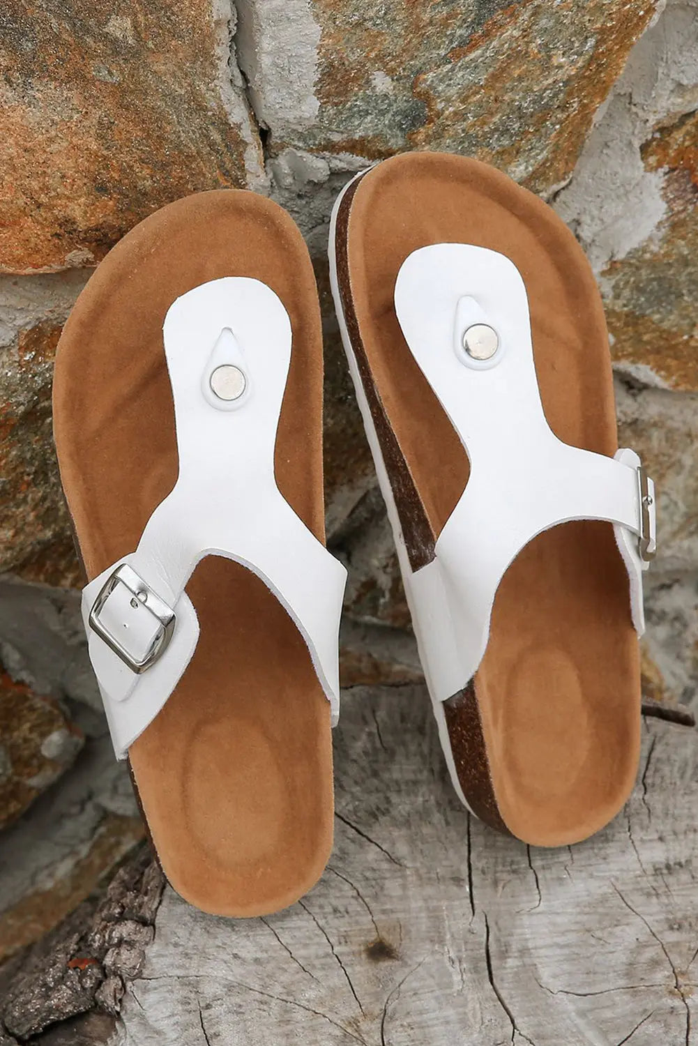 White Vintage Buckle PU Leather Thong Sandals Beagle Boutique Fashion Outlet