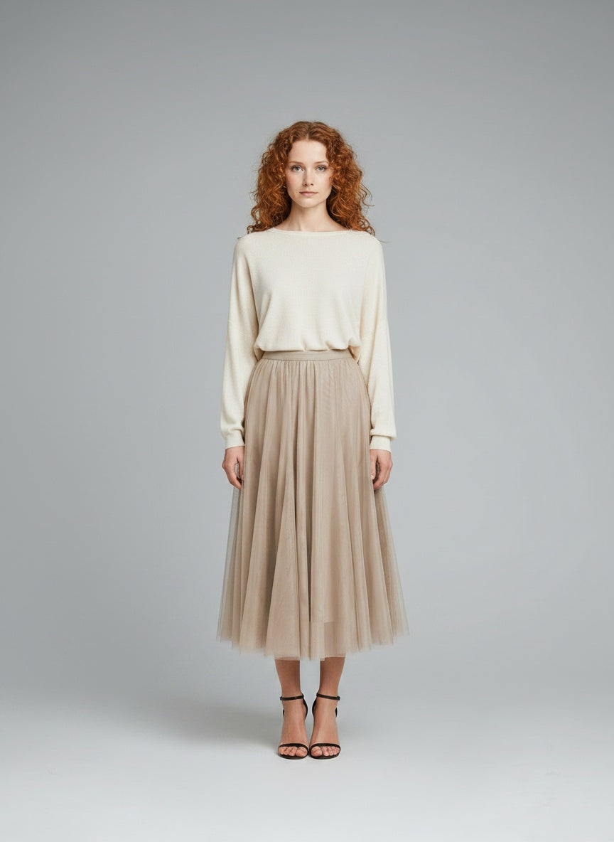 Full body view of the model wearing Apricot Tulle Mesh Overlay Flared Midi Skirt