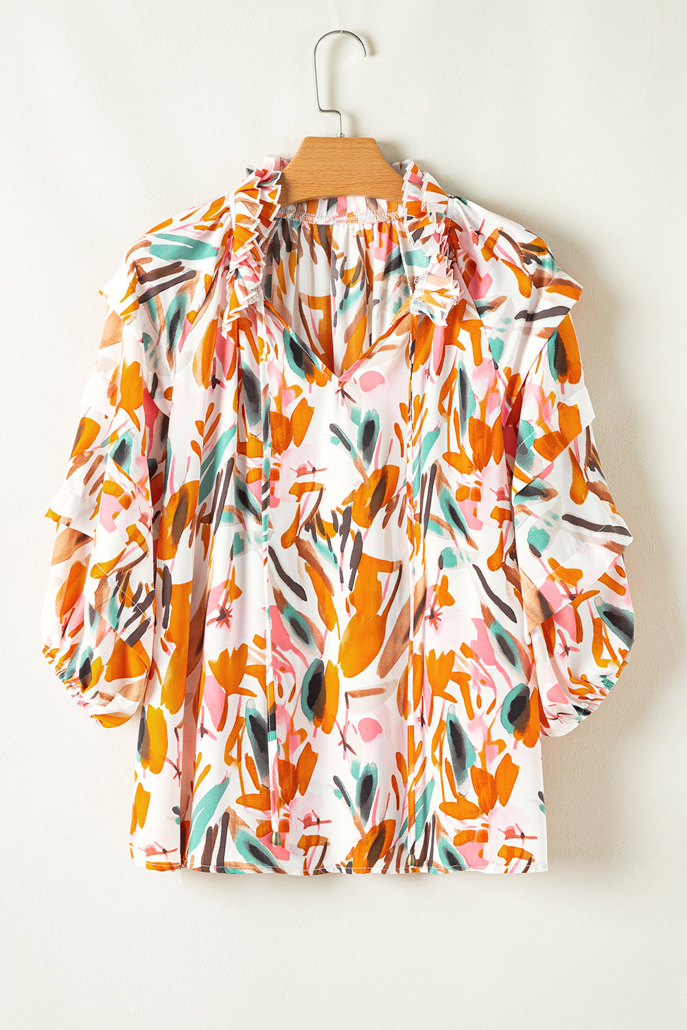 Yellow Abstract Print Drawstring Frilled V Neck 3/4 Sleeve Blouse - eAura