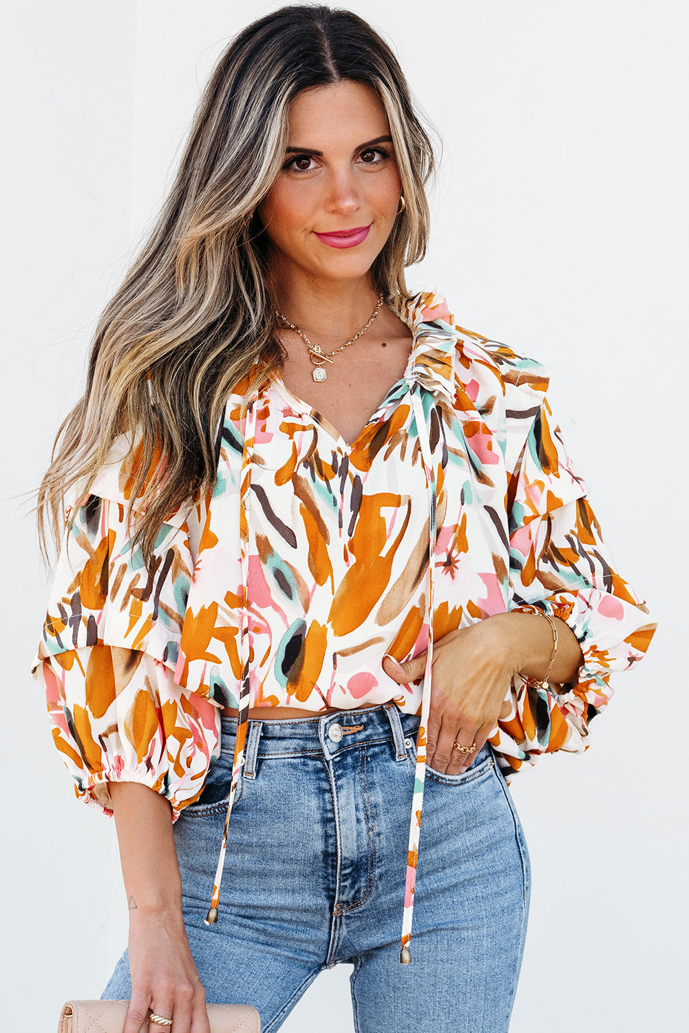 Yellow Abstract Print Drawstring Frilled V Neck 3/4 Sleeve Blouse - eAura