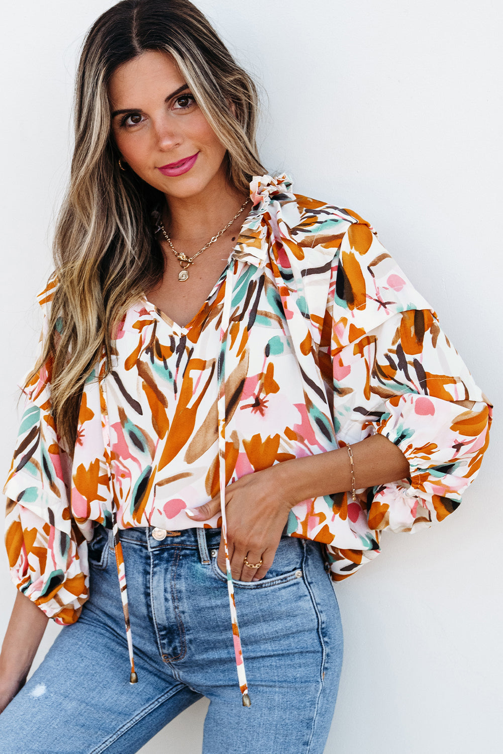 Yellow Abstract Print Drawstring Frilled V Neck 3/4 Sleeve Blouse - eAura