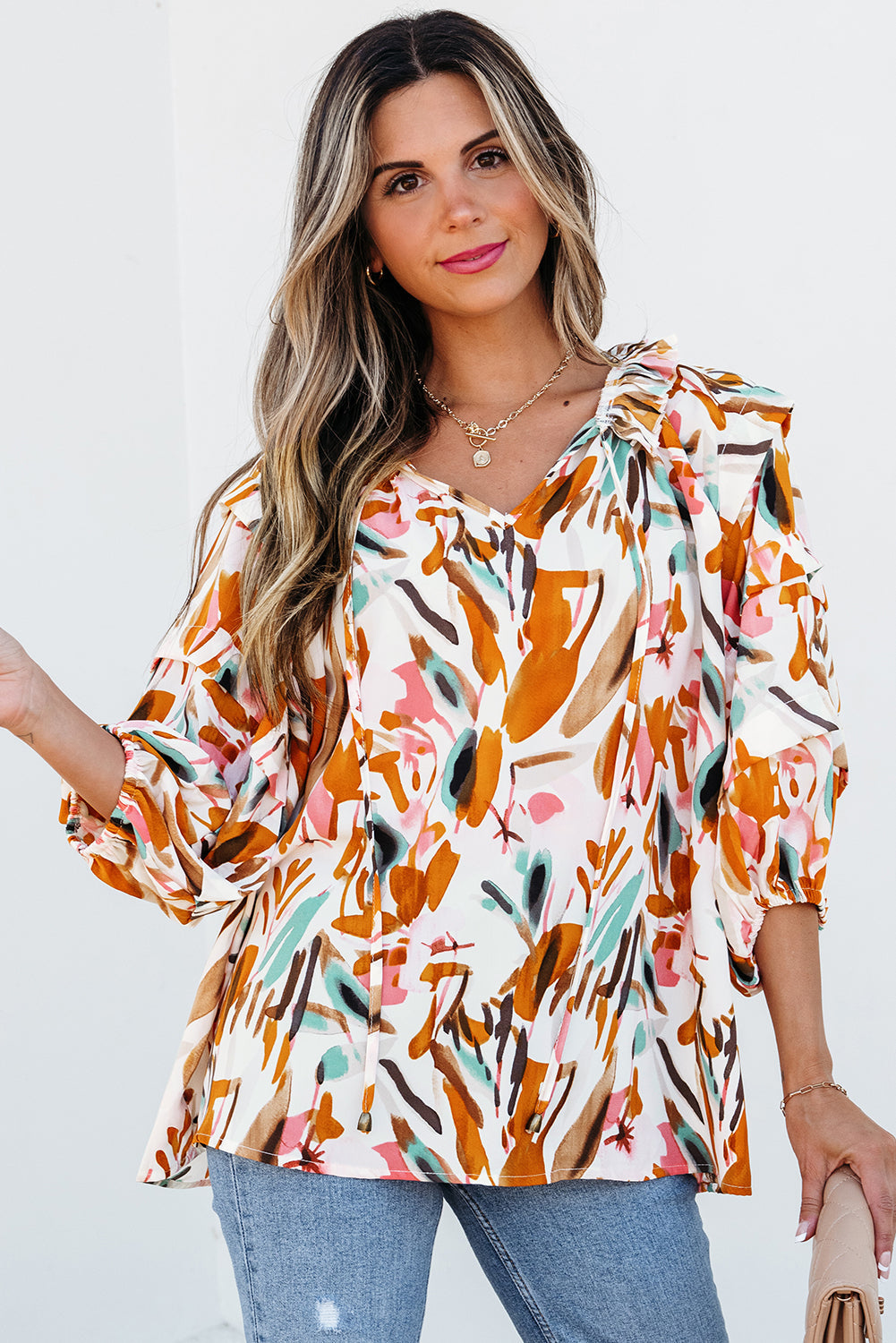 Yellow Abstract Print Drawstring Frilled V Neck 3/4 Sleeve Blouse - eAura