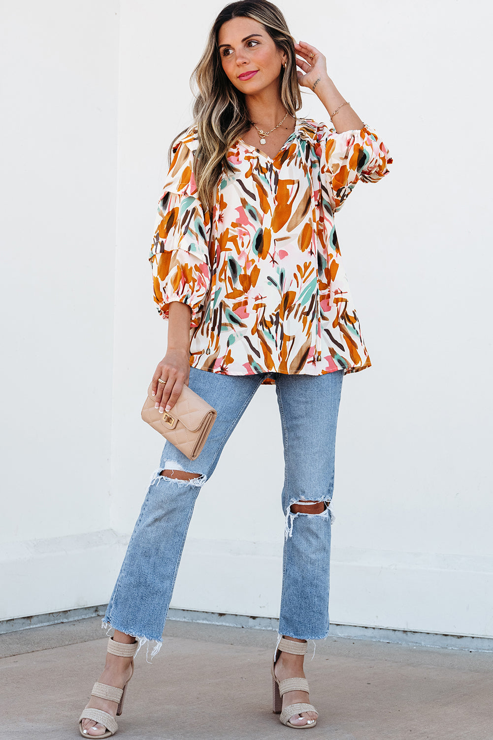 Yellow Abstract Print Drawstring Frilled V Neck 3/4 Sleeve Blouse - eAura