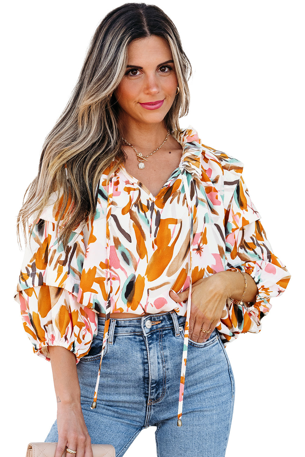 Yellow Abstract Print Drawstring Frilled V Neck 3/4 Sleeve Blouse - eAura
