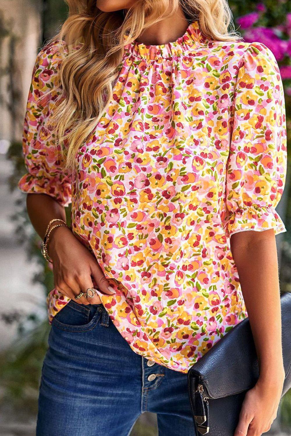 Yellow Boho Floral Ruffle Short Sleeve Frill Mock Neck Blouse - eAura