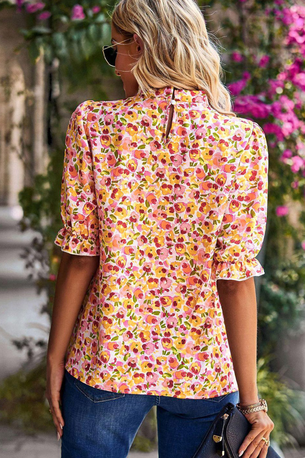 Yellow Boho Floral Ruffle Short Sleeve Frill Mock Neck Blouse - eAura