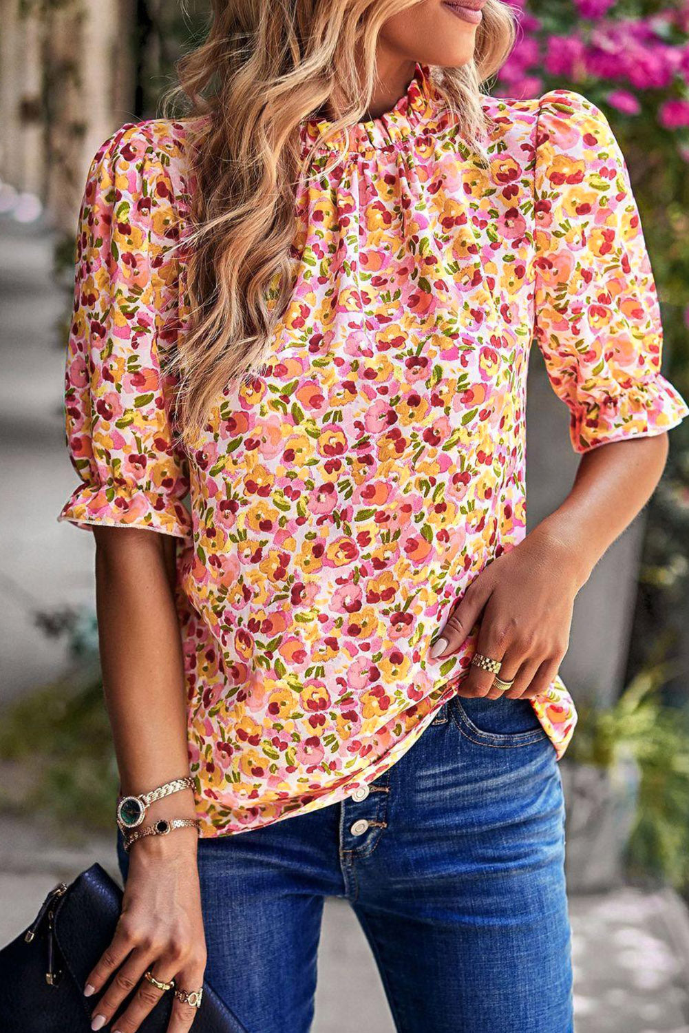 Yellow Boho Floral Ruffle Short Sleeve Frill Mock Neck Blouse - eAura