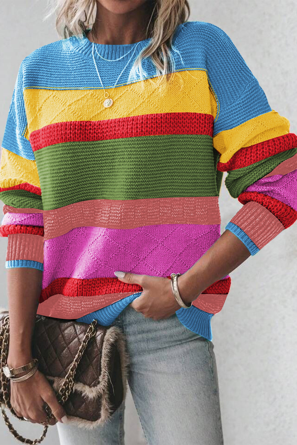 Yellow Colourblock Mixed Textured Drop Shoulder Sweater - LIGHT BLUE / S / 65% ACRYLIC + 35% POLYAMIDE - Sweaters &