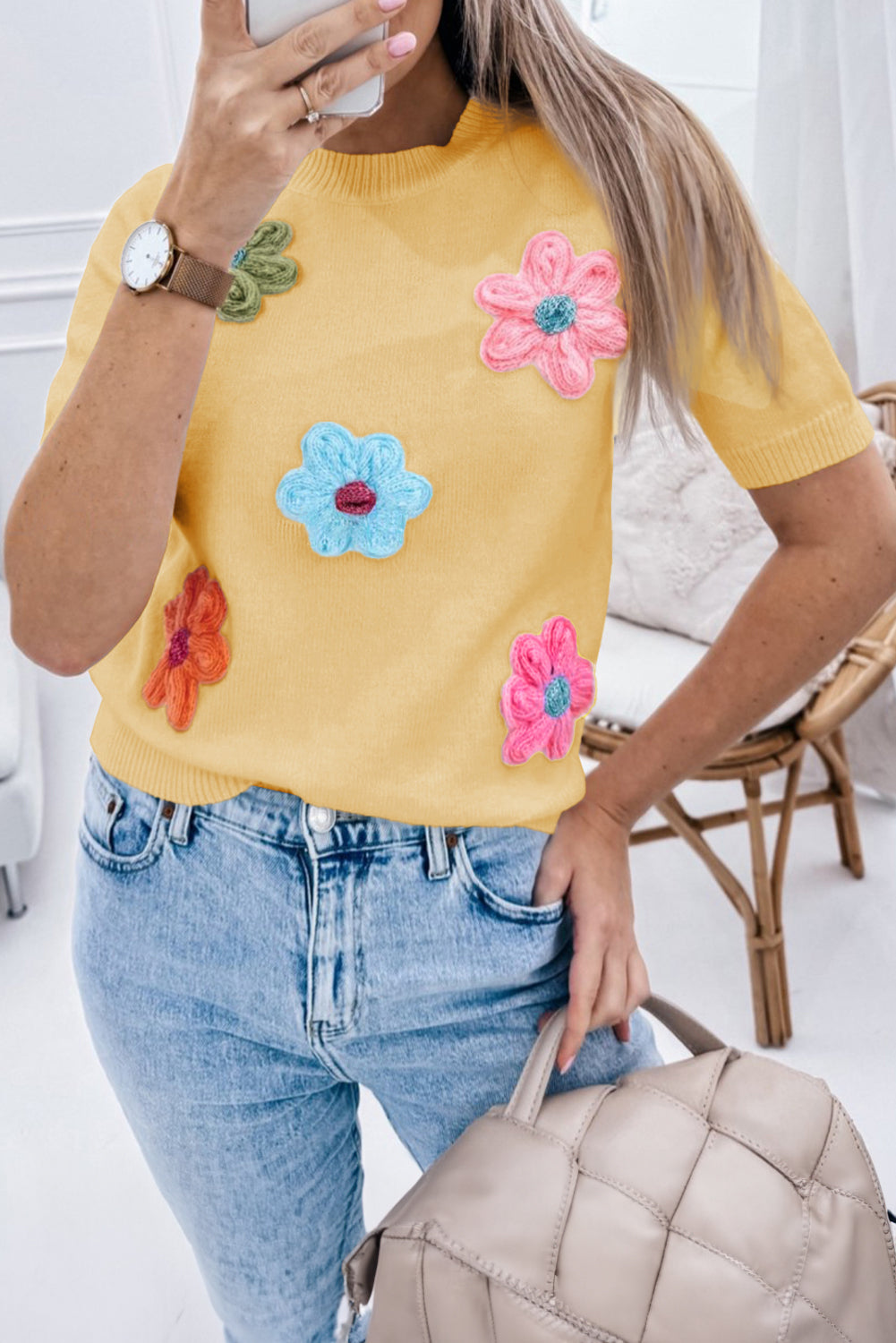 Yellow Cream Cute Flower Applique Short Sleeve Sweater - eAura