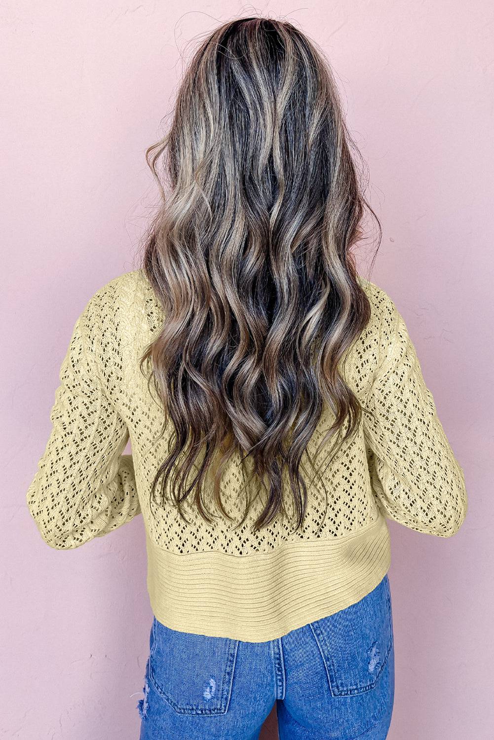 Yellow Cream Pointelle Knit Open Front Short Cardigan - eAura