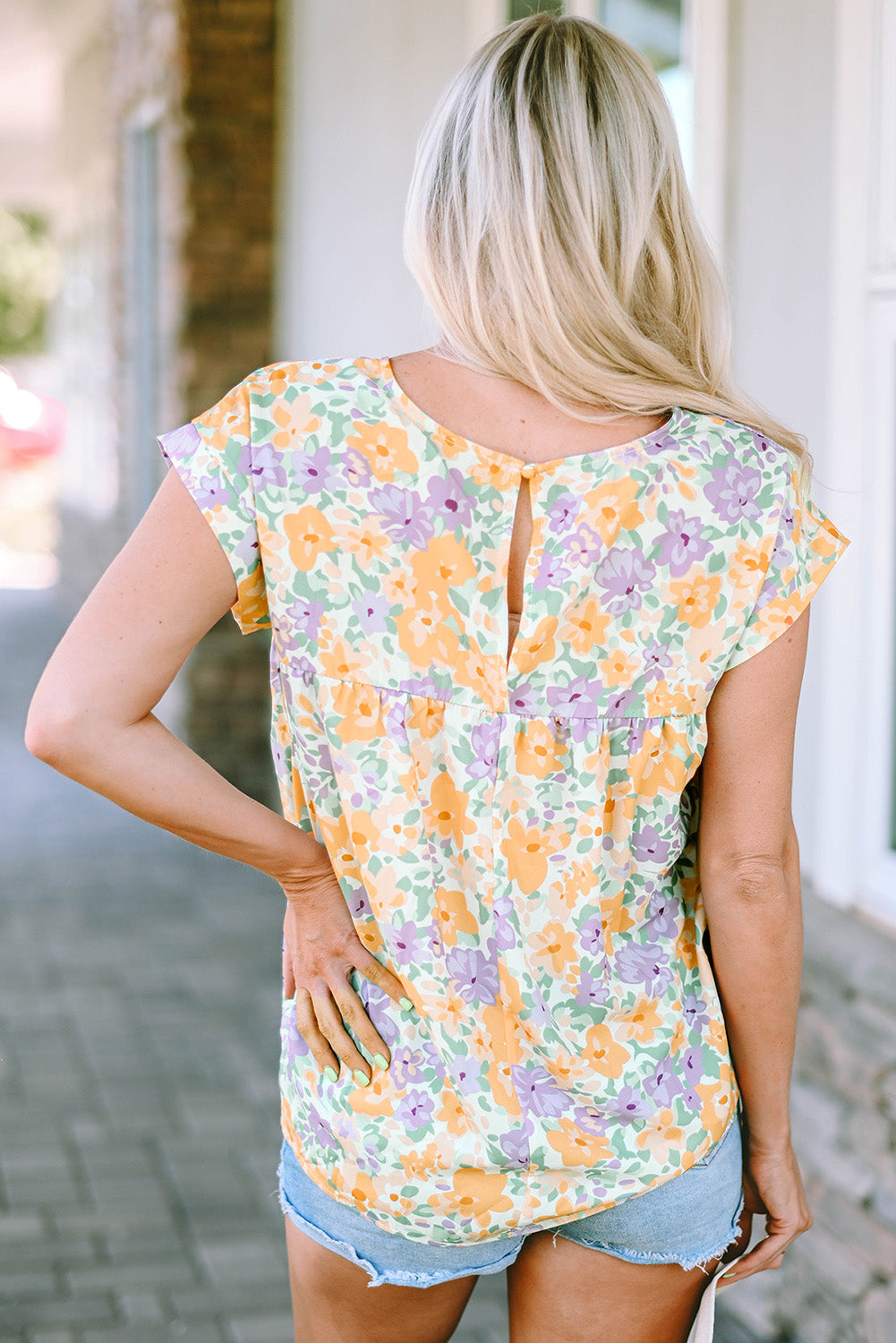 Yellow Floral Print Keyhole Back Short Sleeve Babydoll Blouse - eAura