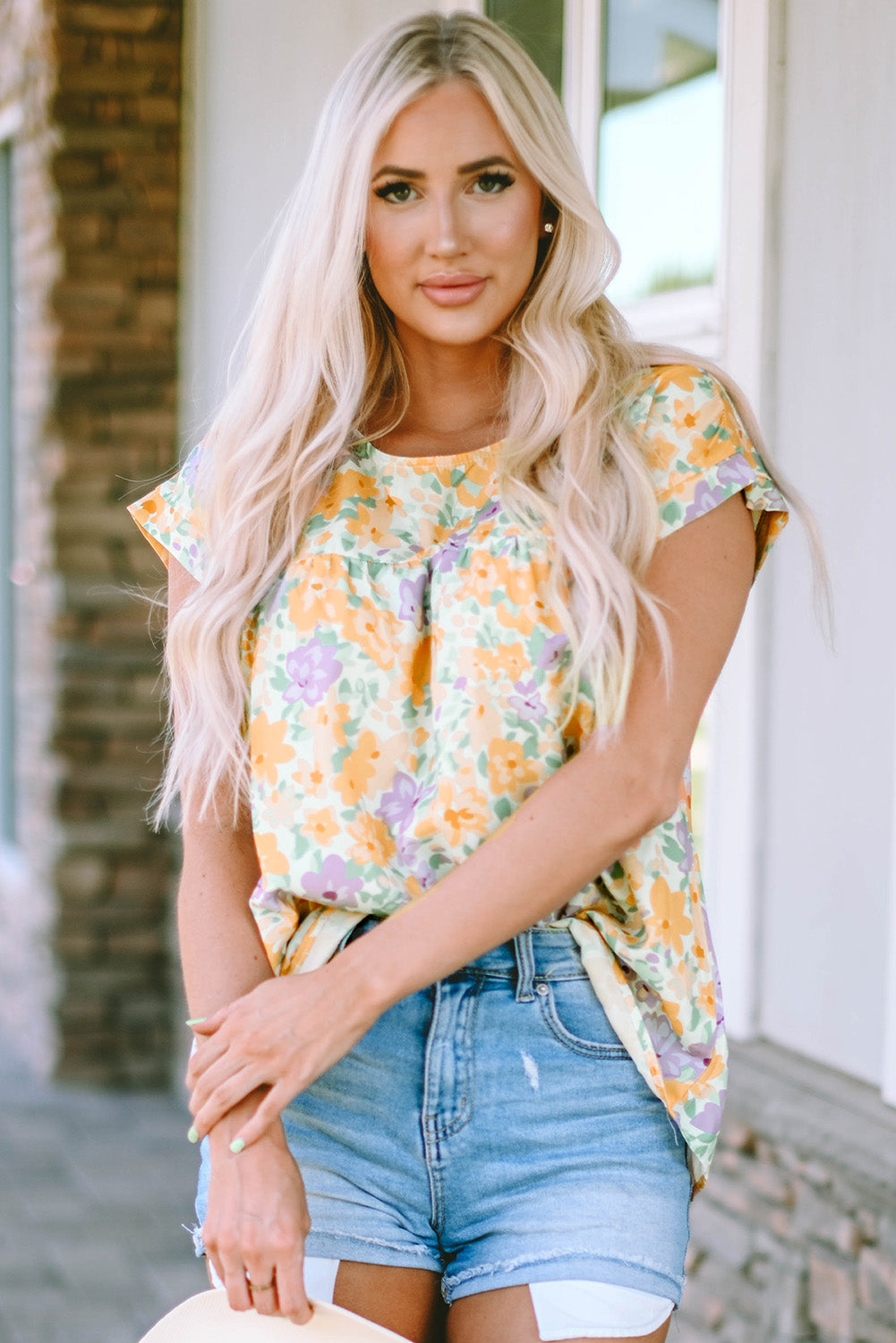 Yellow Floral Print Keyhole Back Short Sleeve Babydoll Blouse - eAura