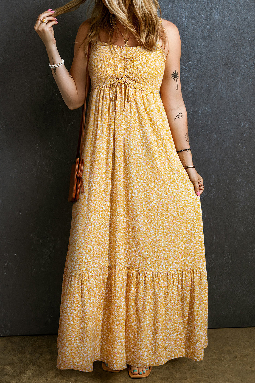 Yellow Frilly Smocked High Waist Floral Maxi Dress - eAura