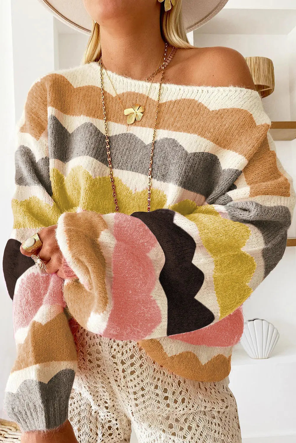 Yellow Wave Striped Balloon Sleeve Drop Shoulder Sweater eAura
