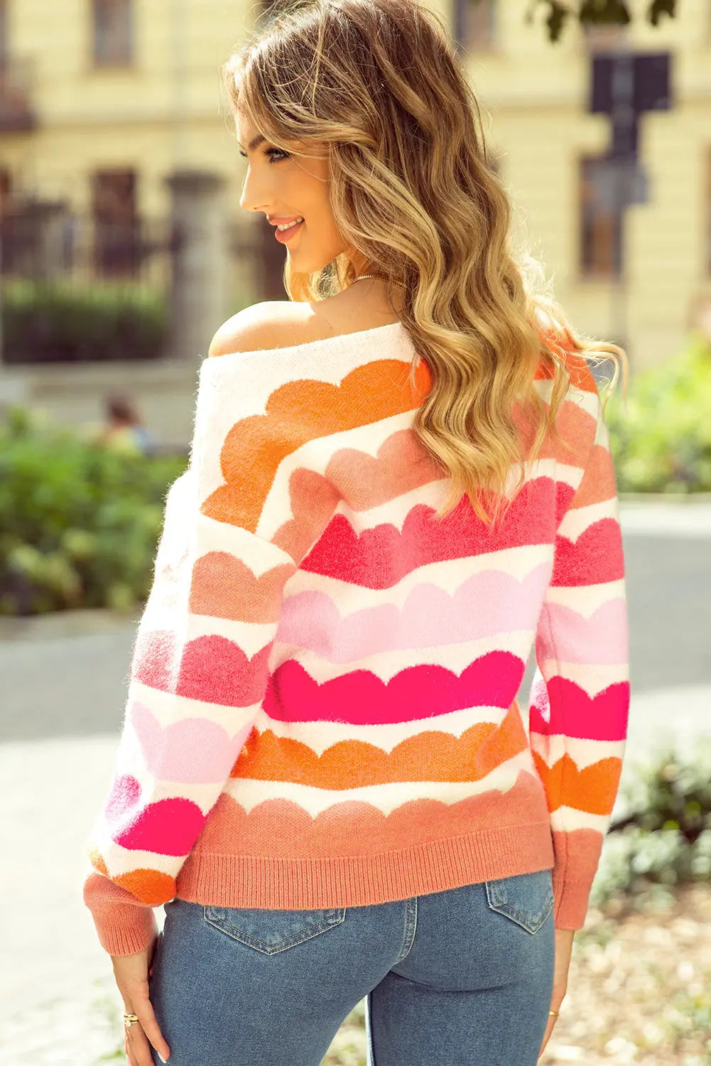 Yellow Wave Striped Balloon Sleeve Drop Shoulder Sweater eAura