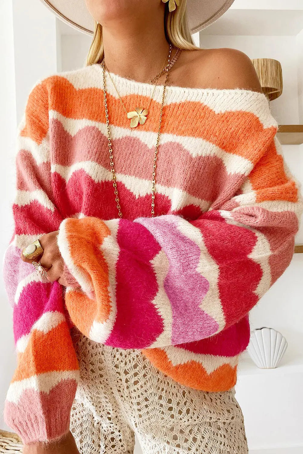 Yellow Wave Striped Balloon Sleeve Drop Shoulder Sweater eAura