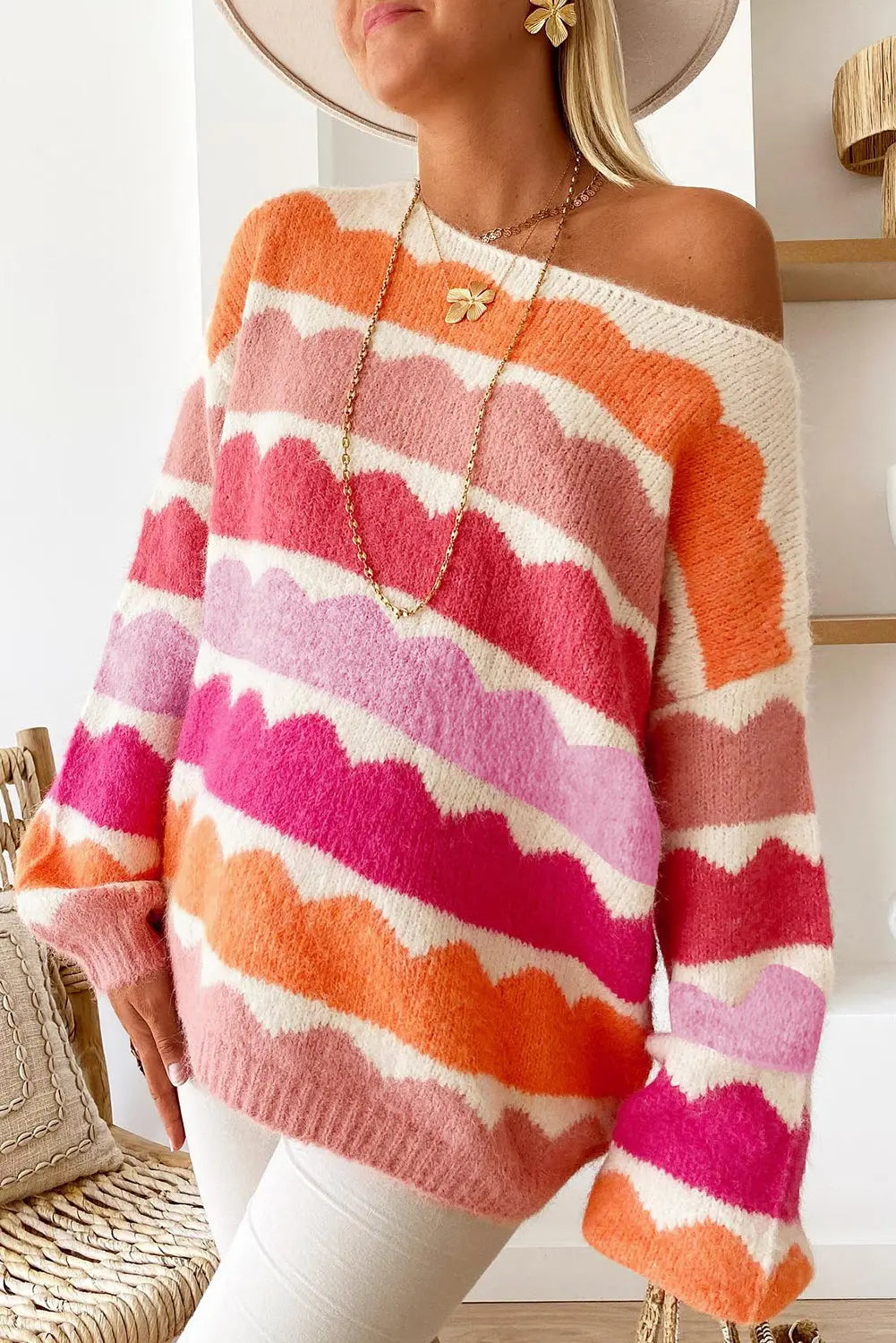 Yellow Wave Striped Balloon Sleeve Drop Shoulder Sweater eAura