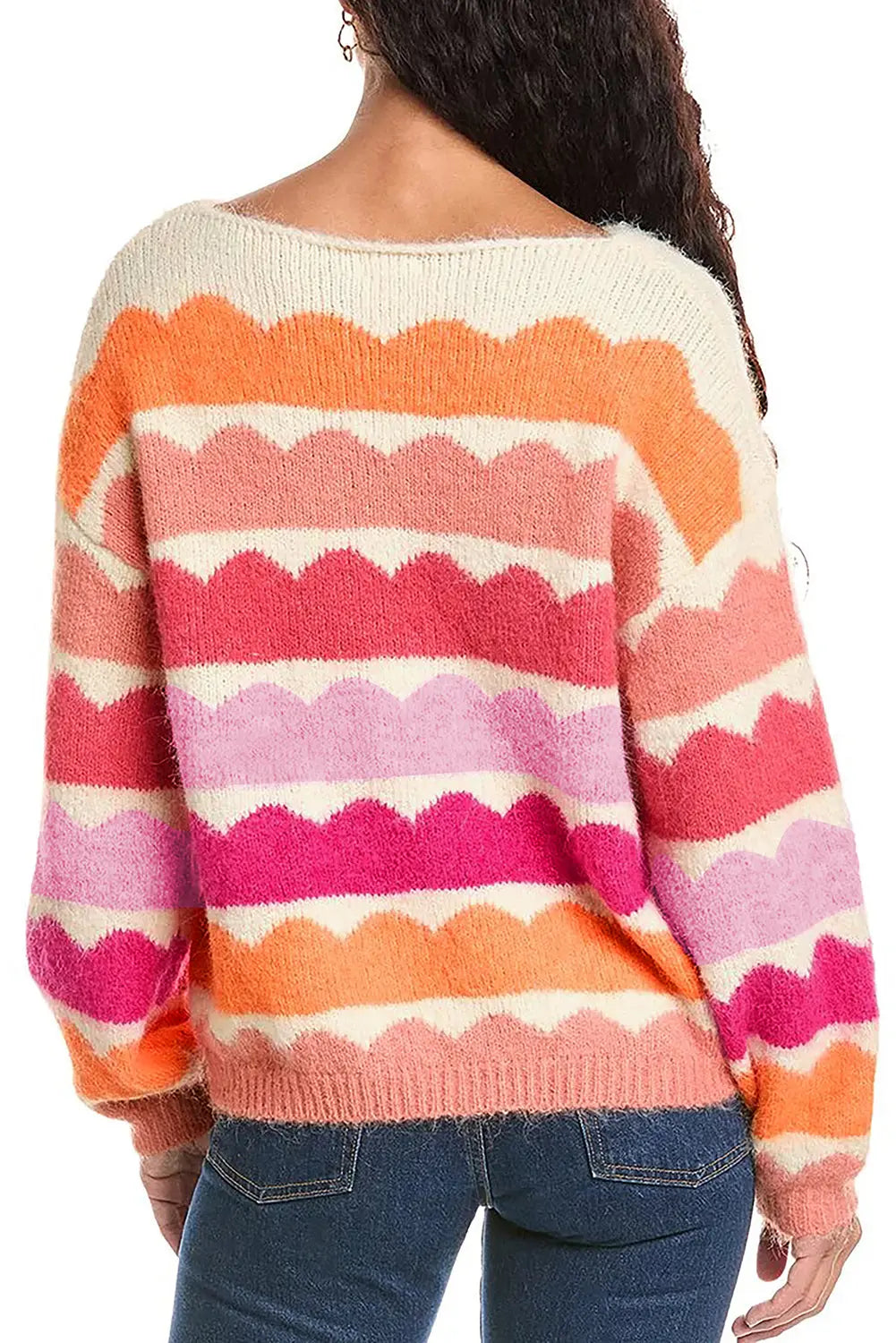 Yellow Wave Striped Balloon Sleeve Drop Shoulder Sweater eAura