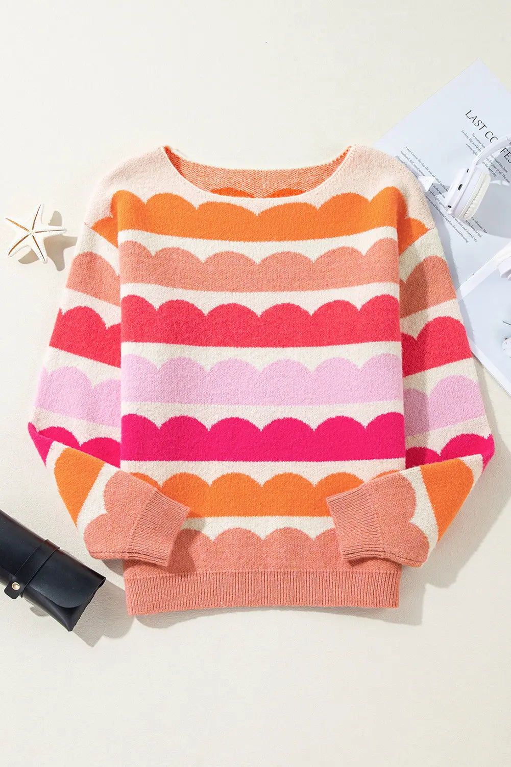 Yellow Wave Striped Balloon Sleeve Drop Shoulder Sweater eAura