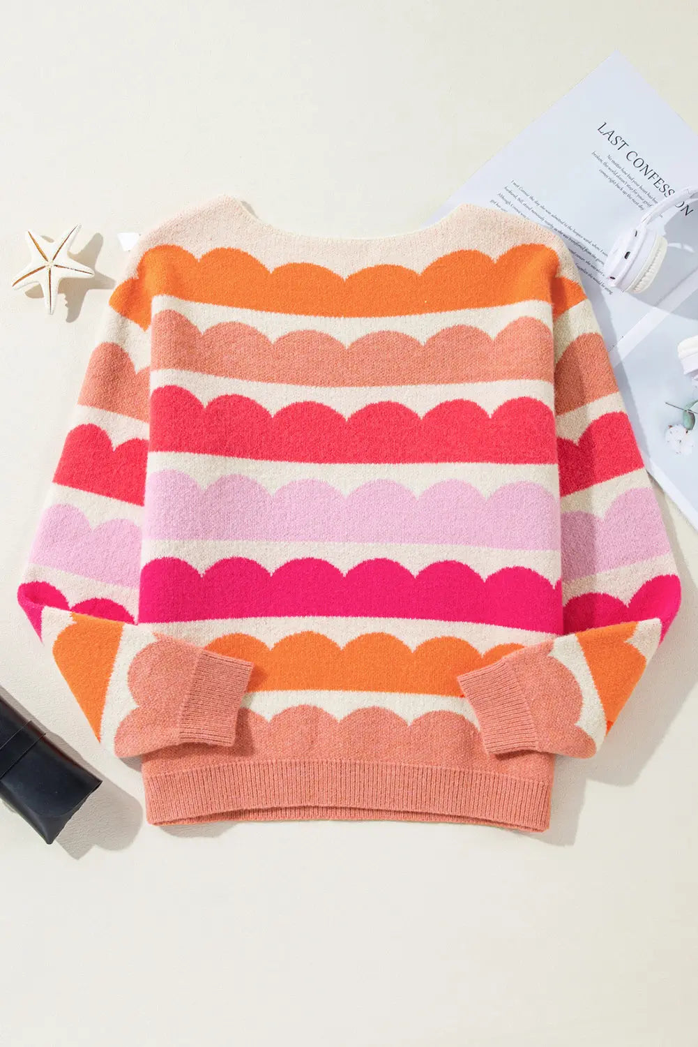 Yellow Wave Striped Balloon Sleeve Drop Shoulder Sweater eAura