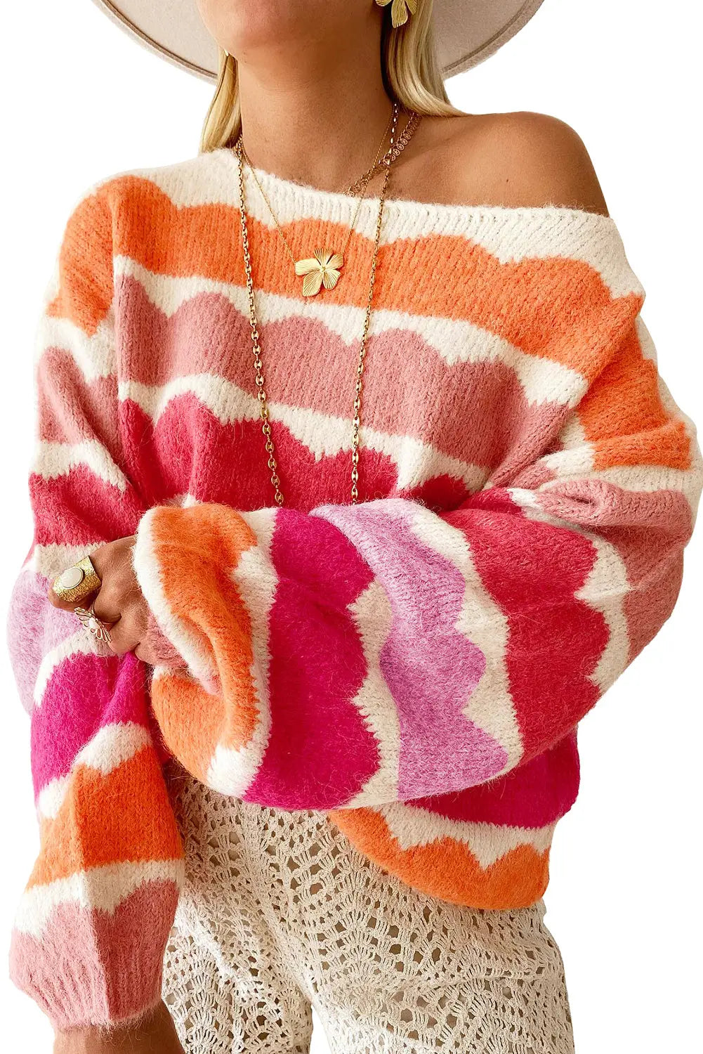 Yellow Wave Striped Balloon Sleeve Drop Shoulder Sweater eAura
