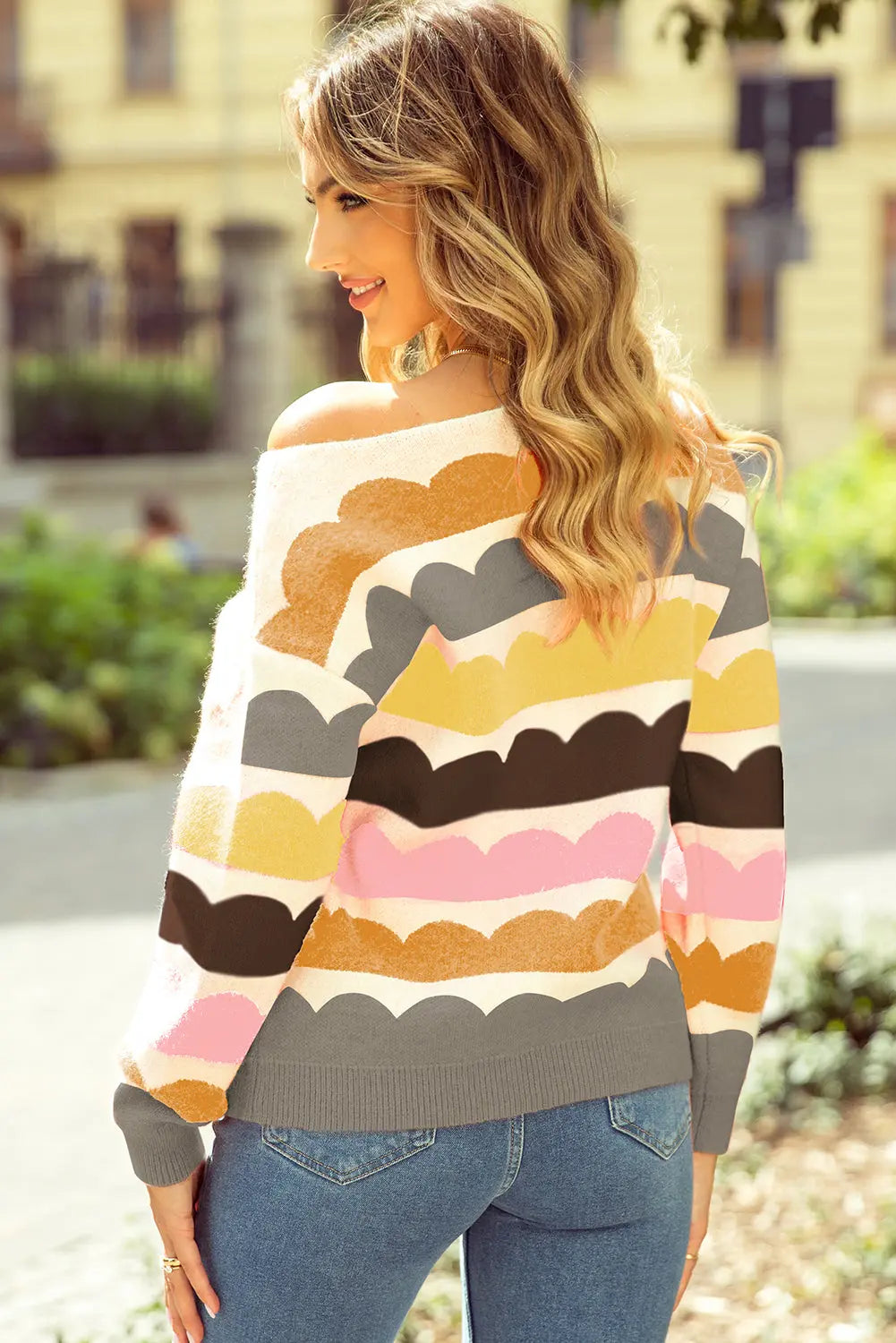 Yellow Wave Striped Balloon Sleeve Drop Shoulder Sweater eAura