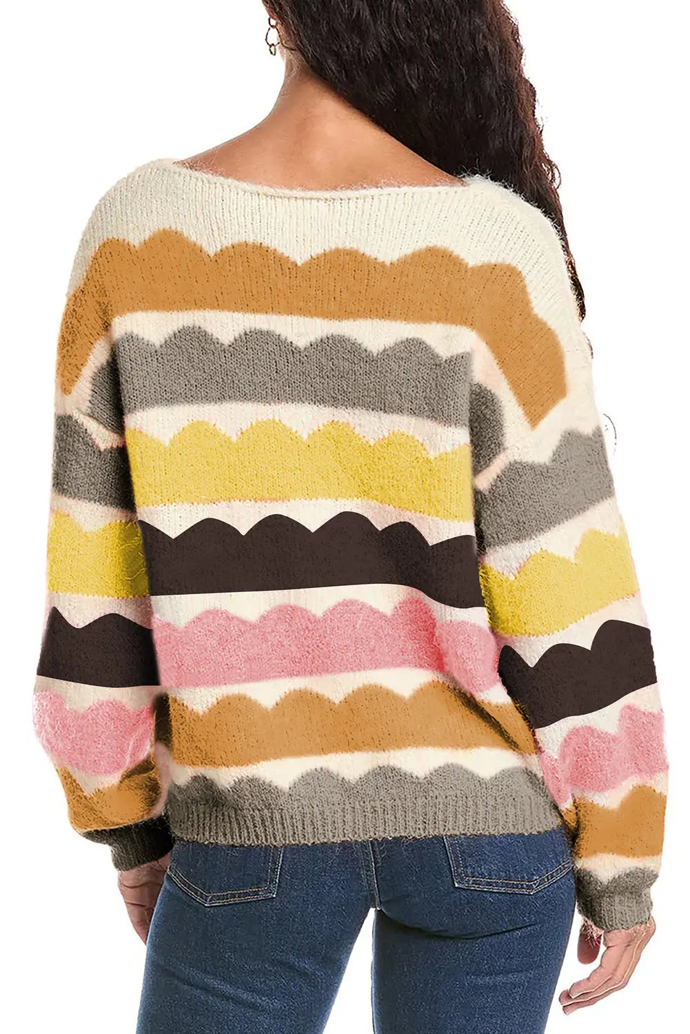 Yellow Wave Striped Balloon Sleeve Drop Shoulder Sweater eAura