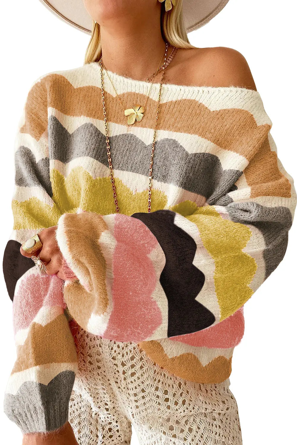 Yellow Wave Striped Balloon Sleeve Drop Shoulder Sweater eAura