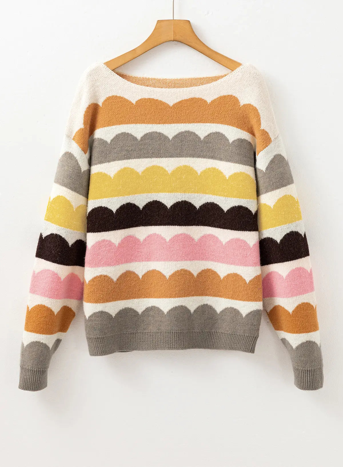 Yellow Wave Striped Balloon Sleeve Drop Shoulder Sweater eAura