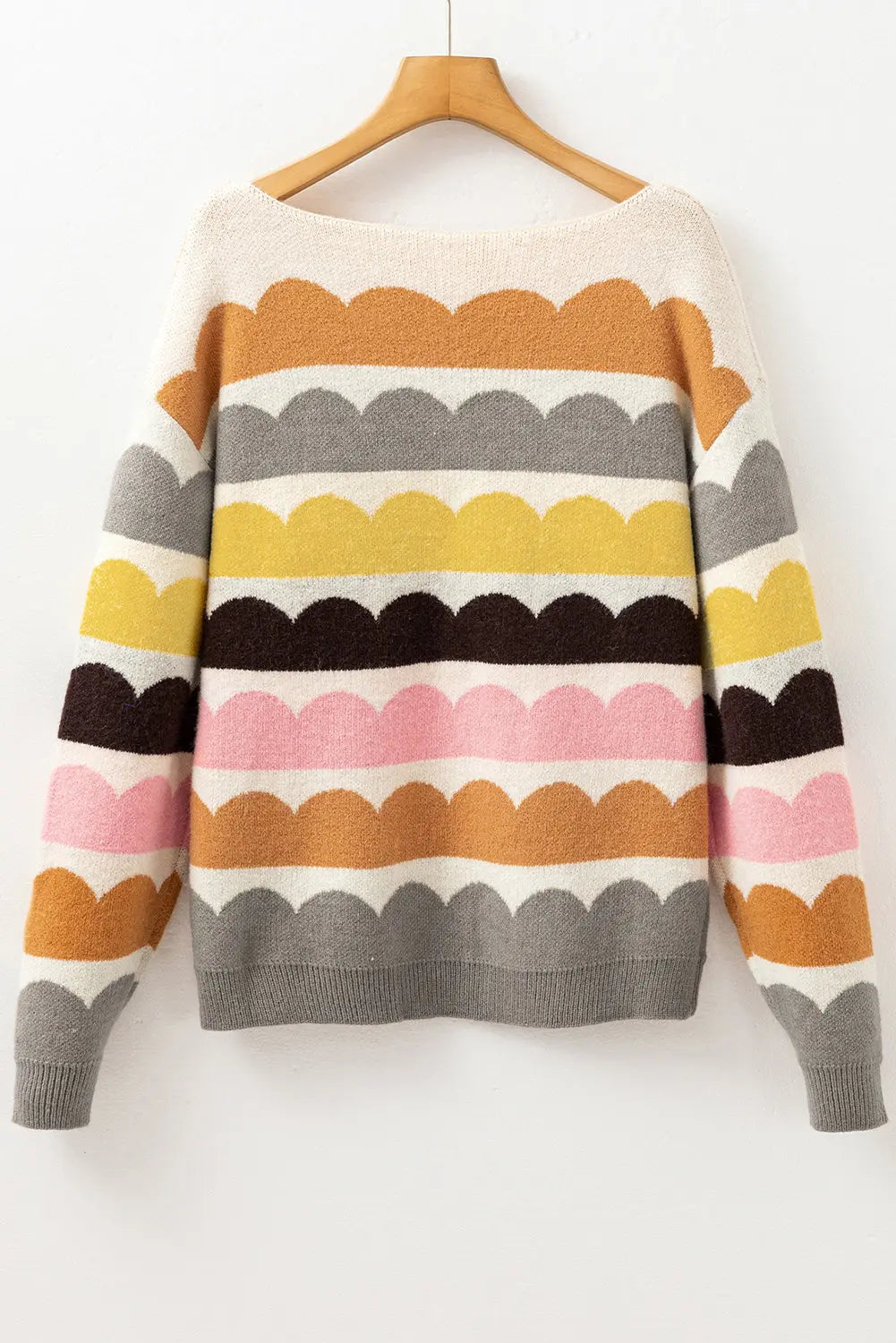 Yellow Wave Striped Balloon Sleeve Drop Shoulder Sweater eAura