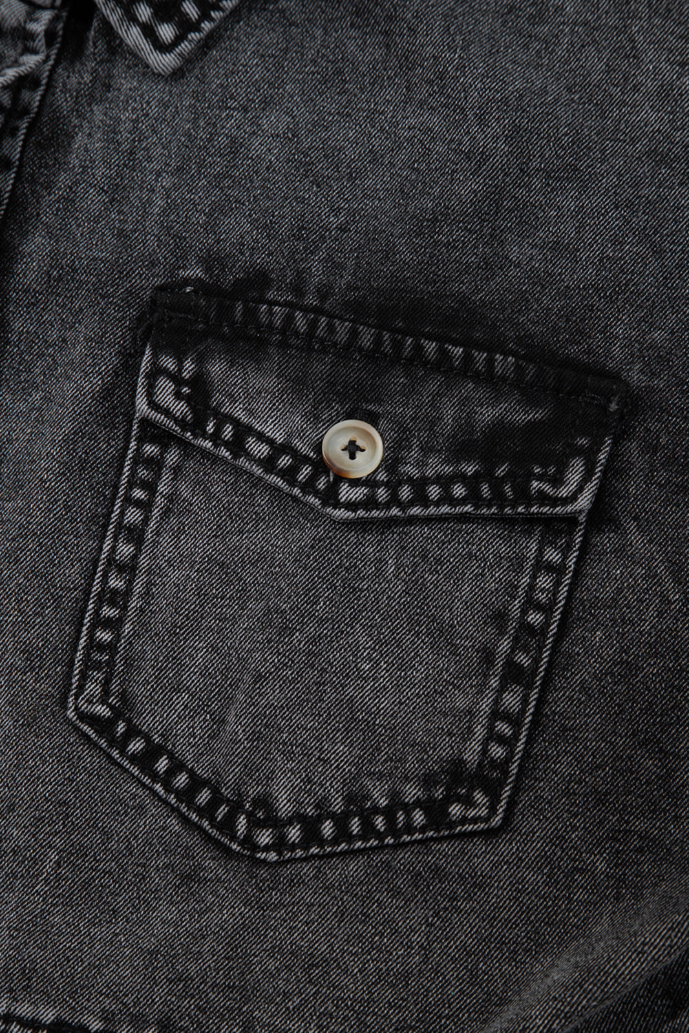 Black Short Sleeve Flap Pocket Button Up Raw Hem Denim Shirt eAura
