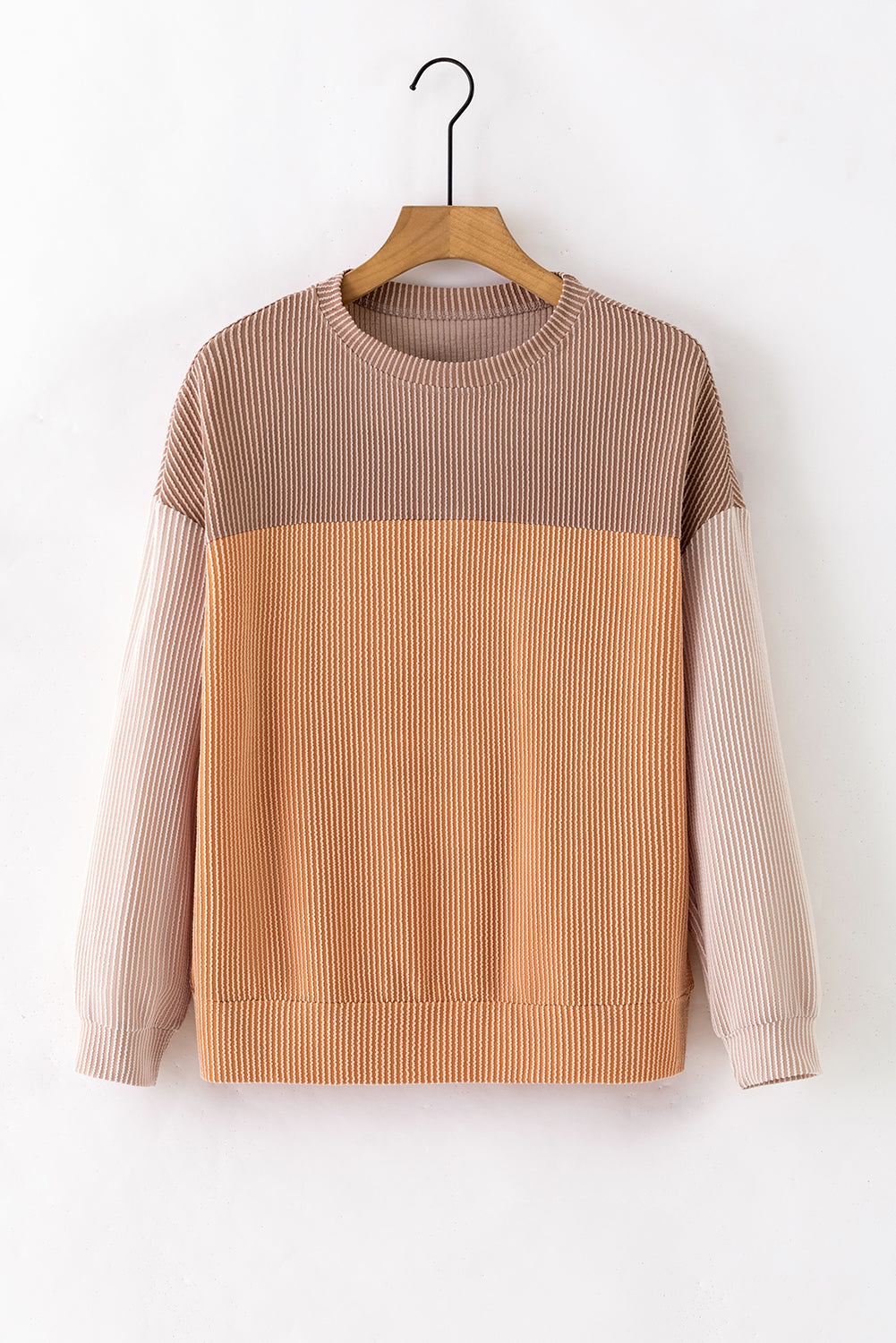 Khaki Colour Block Long Sleeve Ribbed Loose Top eAura