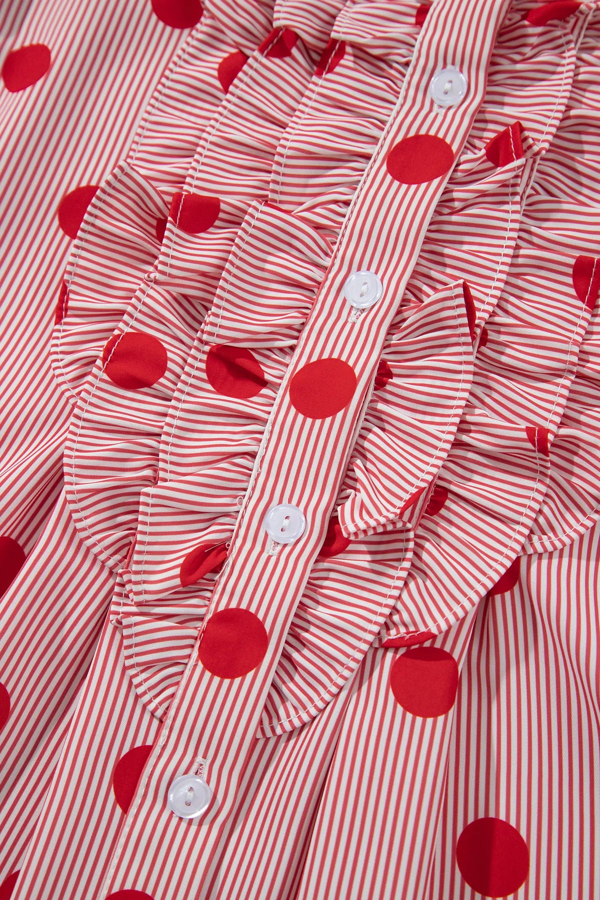 Polka Dot Striped Print Ruffle Stand Neck 3/4 Sleeve Shift Shirt – Fiery Red