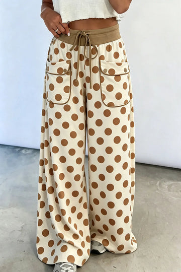 Khaki Polka Dot Drawstring Pocket Wide Leg Pants