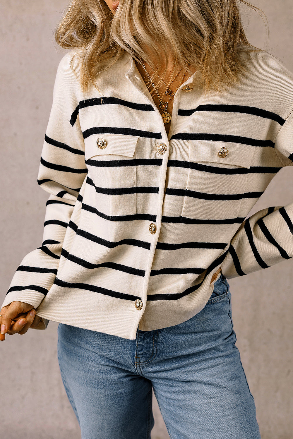 Black Stripe Flap Pocket Buttoned Cardigan Sweater eAura