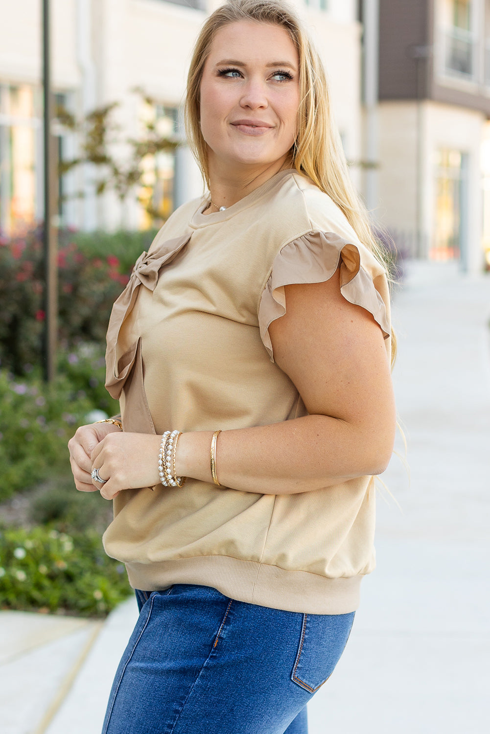 Parchment Ruffled Short Sleeve Bowknot Applique Crew Neck Plus Size Top BB Fashion Outlet
