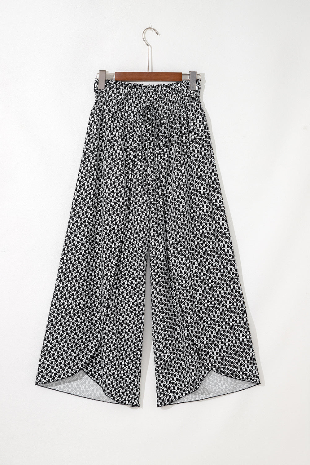Black Bohemian Print Slit Wide Leg Smocked High Waist Trousers eAura