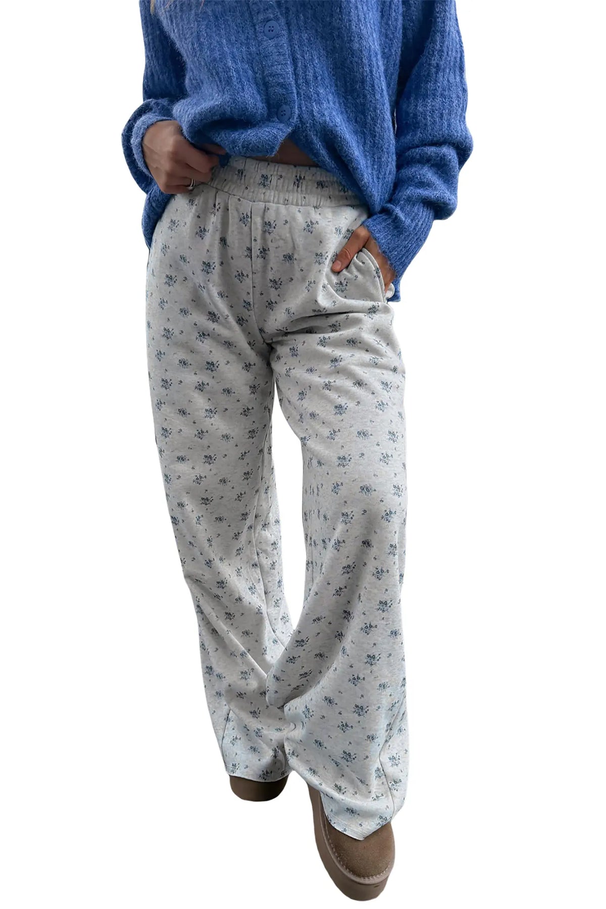 Floral Print Elastic Waist Full Length Regular Pants – Grey