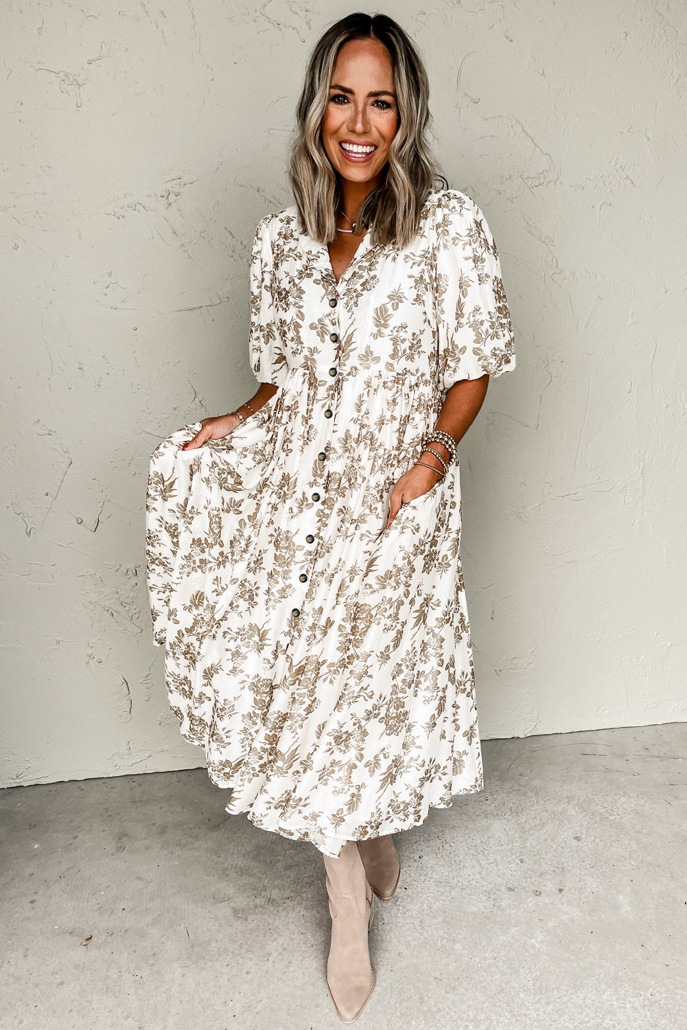 Khaki Floral Puff Sleeve V Neck Buttoned Front Maxi Dress eAura