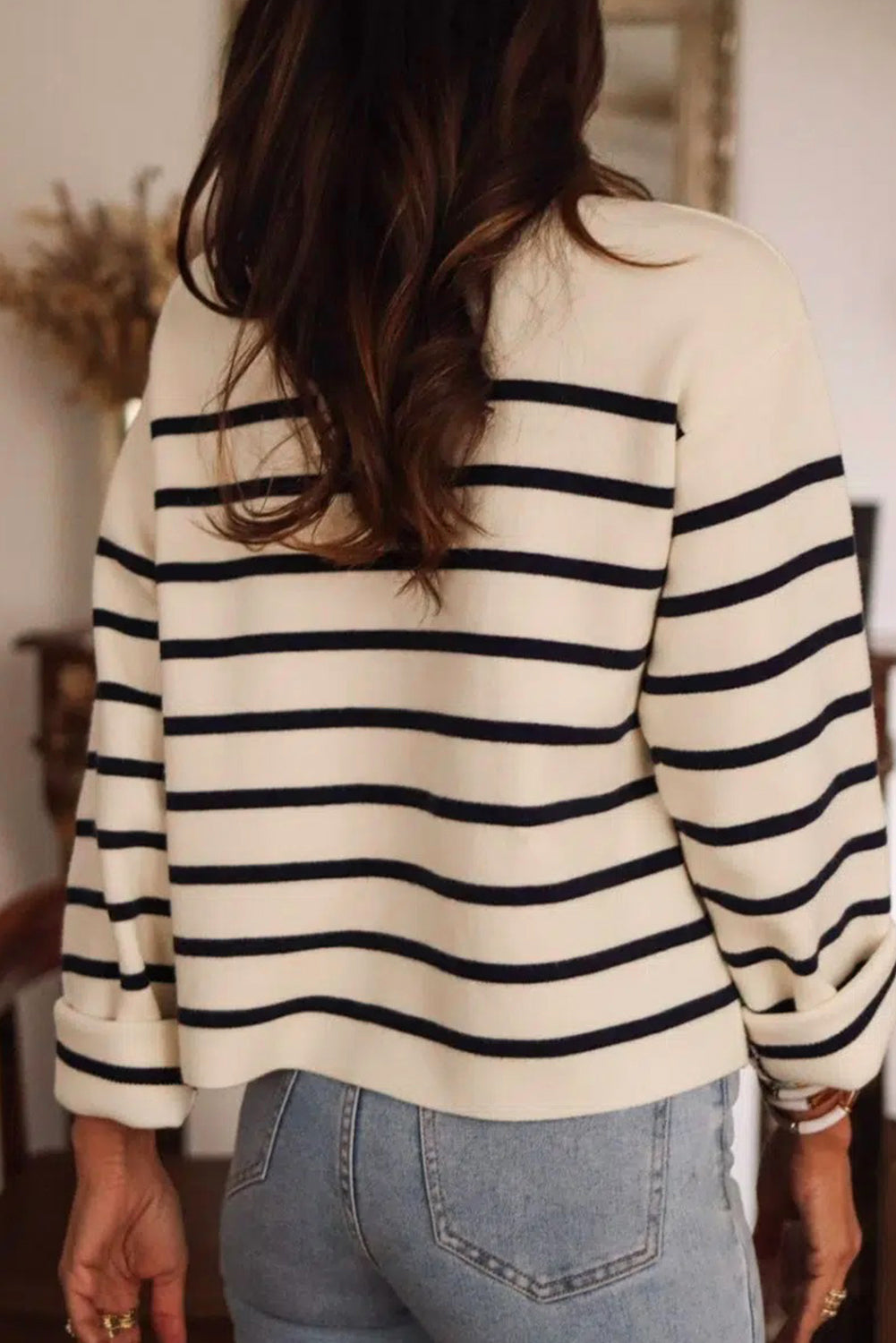 Black Stripe Flap Pocket Buttoned Cardigan Sweater eAura