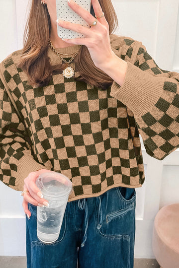 Drop Shoulder Plaid Knit Long Sleeve Sweater – Multicolour