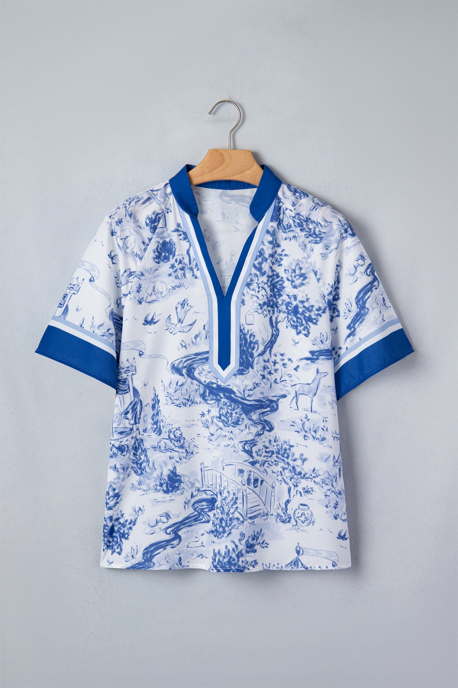 Wild Animal Paradise Contrast V Neck Raglan Sleeve Blouse – Blue