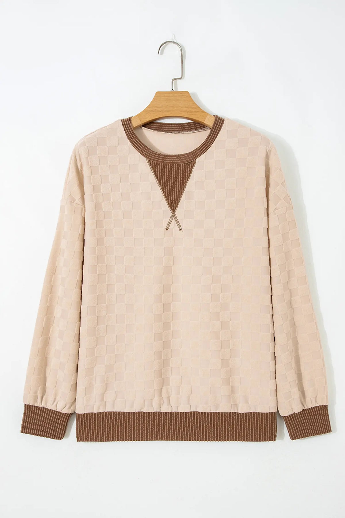 Plush Checkered Contrast Twisted Rib Long Sleeve Top – Parchment