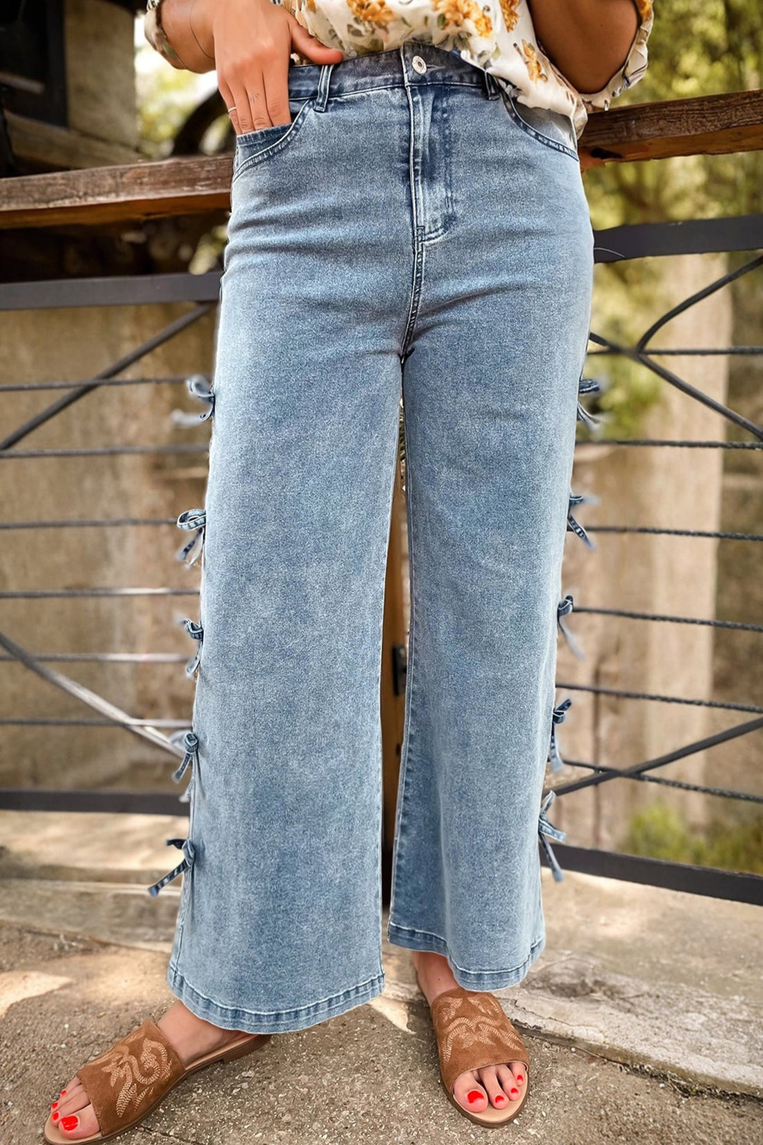 Bow Knot Side Detail Straight Leg Loose Jeans - eAura